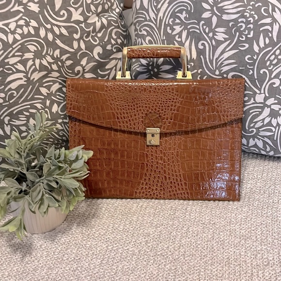Vintage Handbags - Vintage Cognac Croc Embossed Briefcase Bag